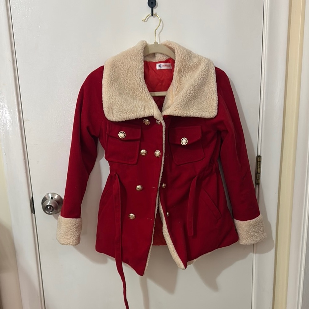 Women's Red Double-Breasted Jacket with Cream Accents